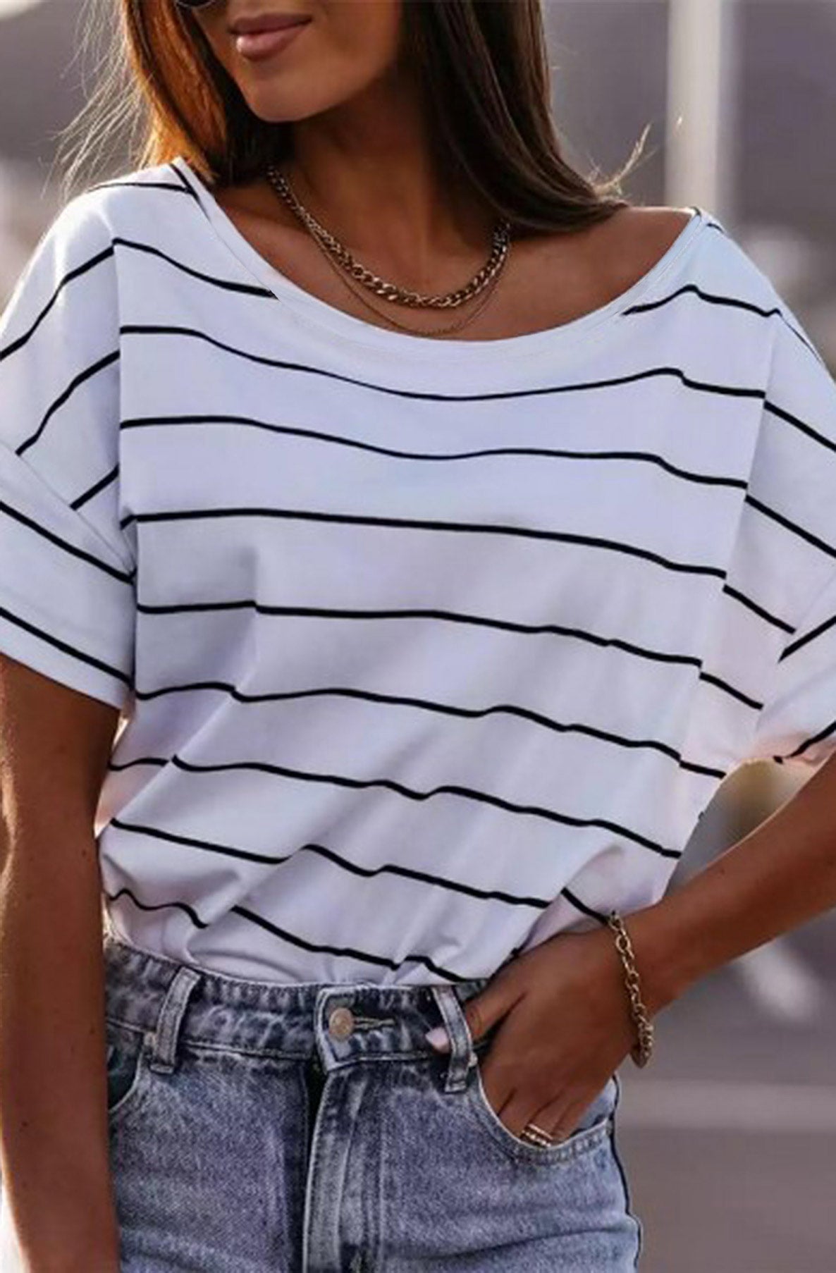 Ursula Striped T-shirt Top-Ivory