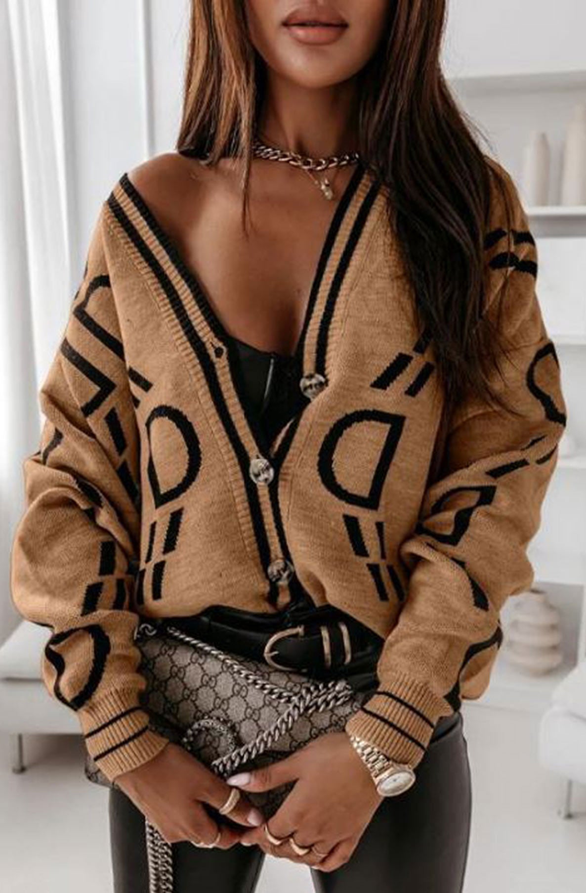 Verusha 'DD' Alphabet Print Knitted Sweater Cardigan-Camel