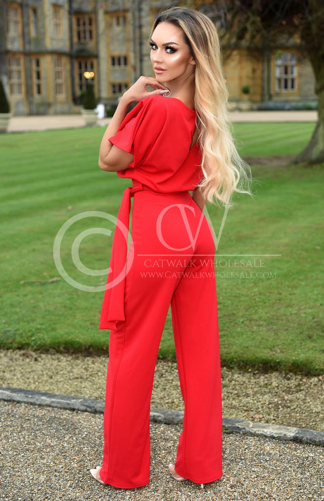 Judith Wide Leg Belted Batwing Jumpsuit-Red