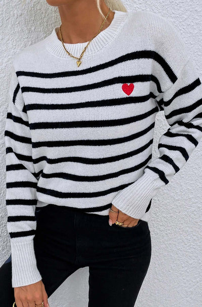 Sharika Striped Print Heart Knitted Jumper Top-Ivory