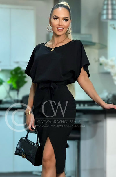 Judith Wrap Batwing Sleeves Bodycon Midi Dress-Black