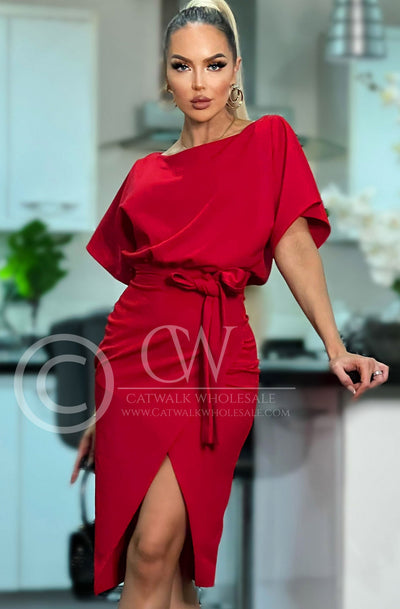 Judith Wrap Batwing Sleeves Bodycon Midi Dress-Red