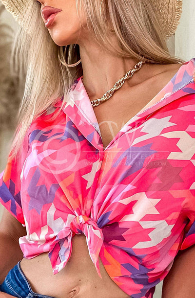 Rosamund Dogtooth Tie-Up Crop Shirt Top-Hot Pink