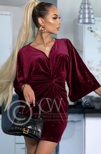 Seraphina Velvet Bodycon Mini Shimmer Glitter Dress-Wine