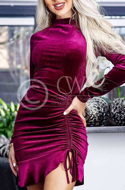 Sheryl Velour Velvet Side Ruched Bodycon Mini Party Dress-Wine