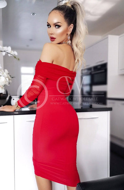 Krista Off Shoulder Bardot Bodycon Midi Dress-Red